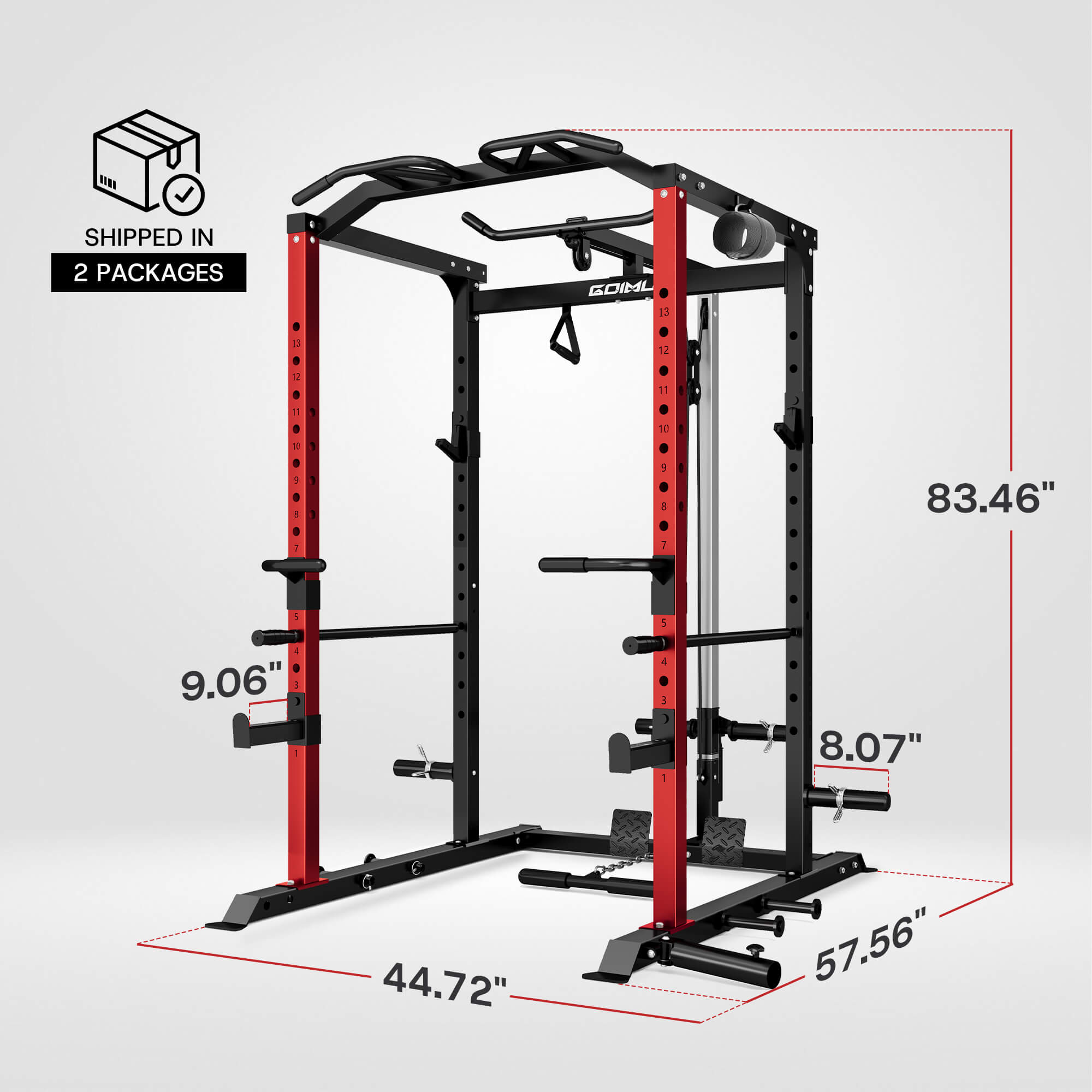 Red and black power rack with dimensions labeled on a white background.
