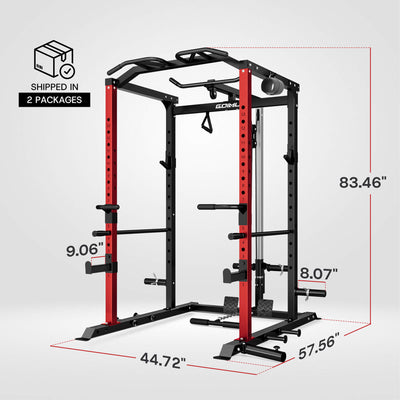 Red and black power rack with dimensions labeled on a white background.