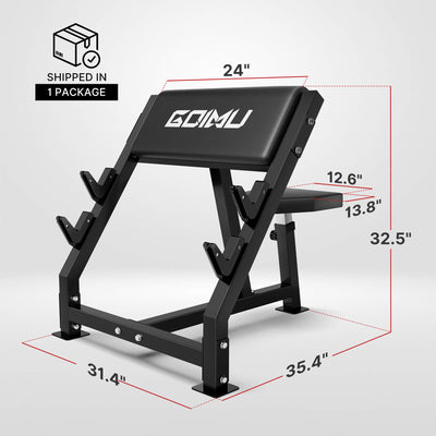 Black fitness arm curl bench with dimensions on a light gray background.#color_black