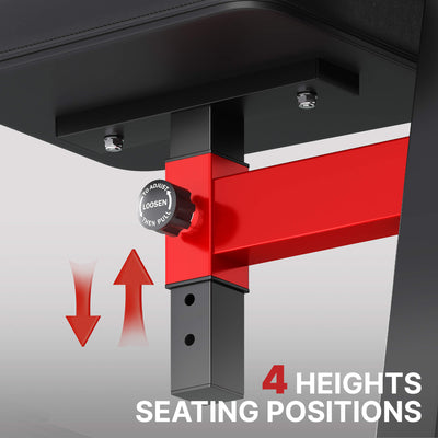 Mechanical adjustment mechanism with red and black components on a gray background, indicating 4 height seating positions.