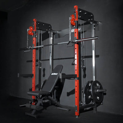 Gym equipment including a barbell, weight plates, and bench on an orange rack against a dark background.