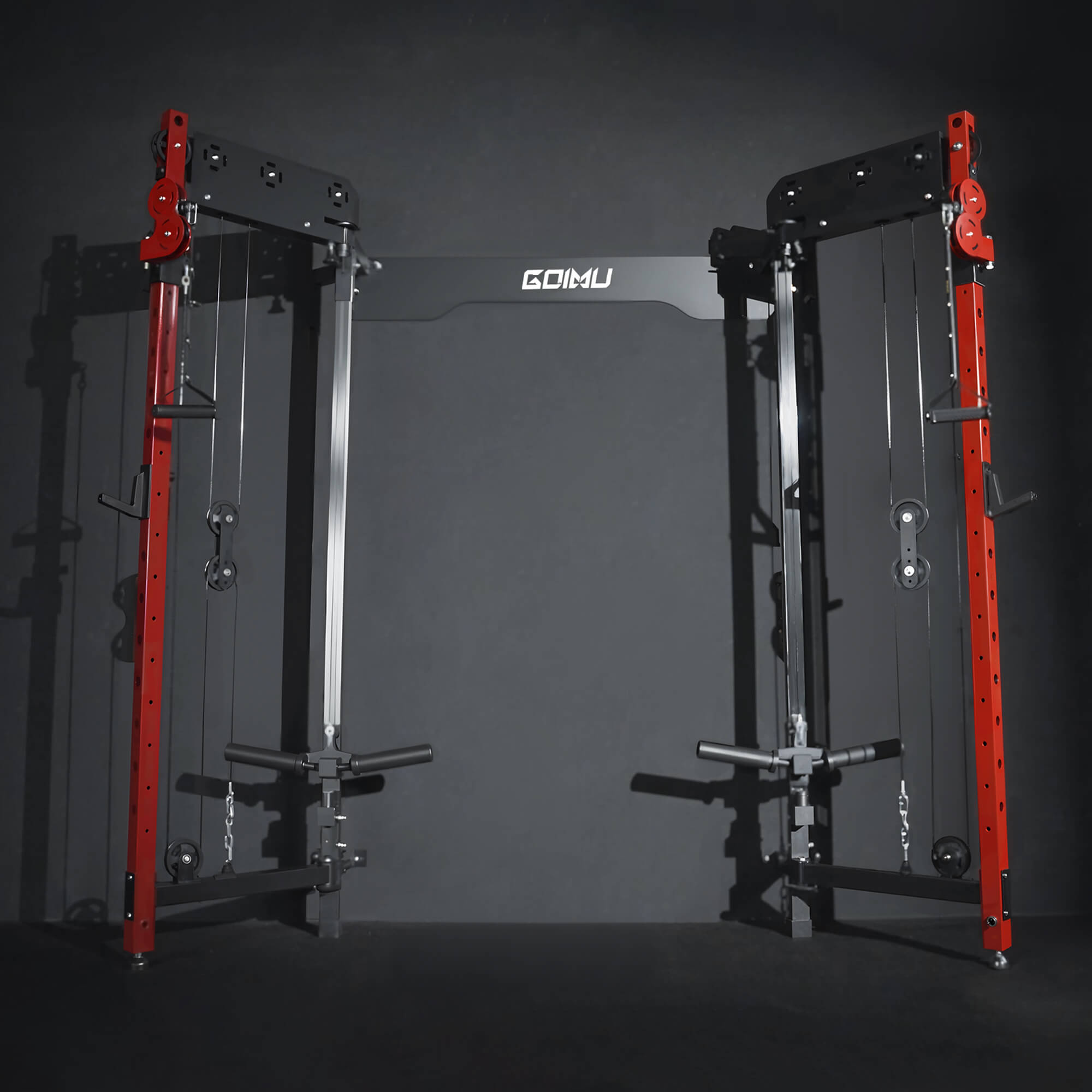 Gym equipment with red and black frames on a dark background, featuring the brand 'GOIMU'.