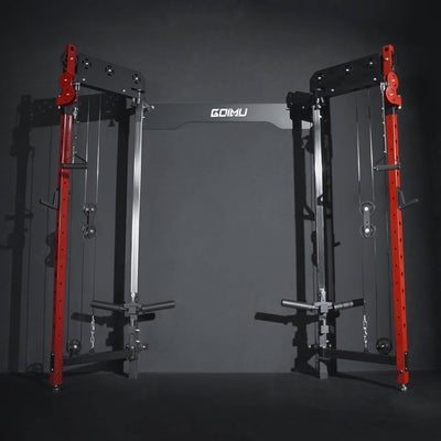 Gym equipment with red and black frames on a dark background, featuring the brand 'GOIMU'.
