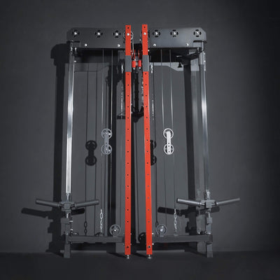 Gym machine with red cables on a dark background.