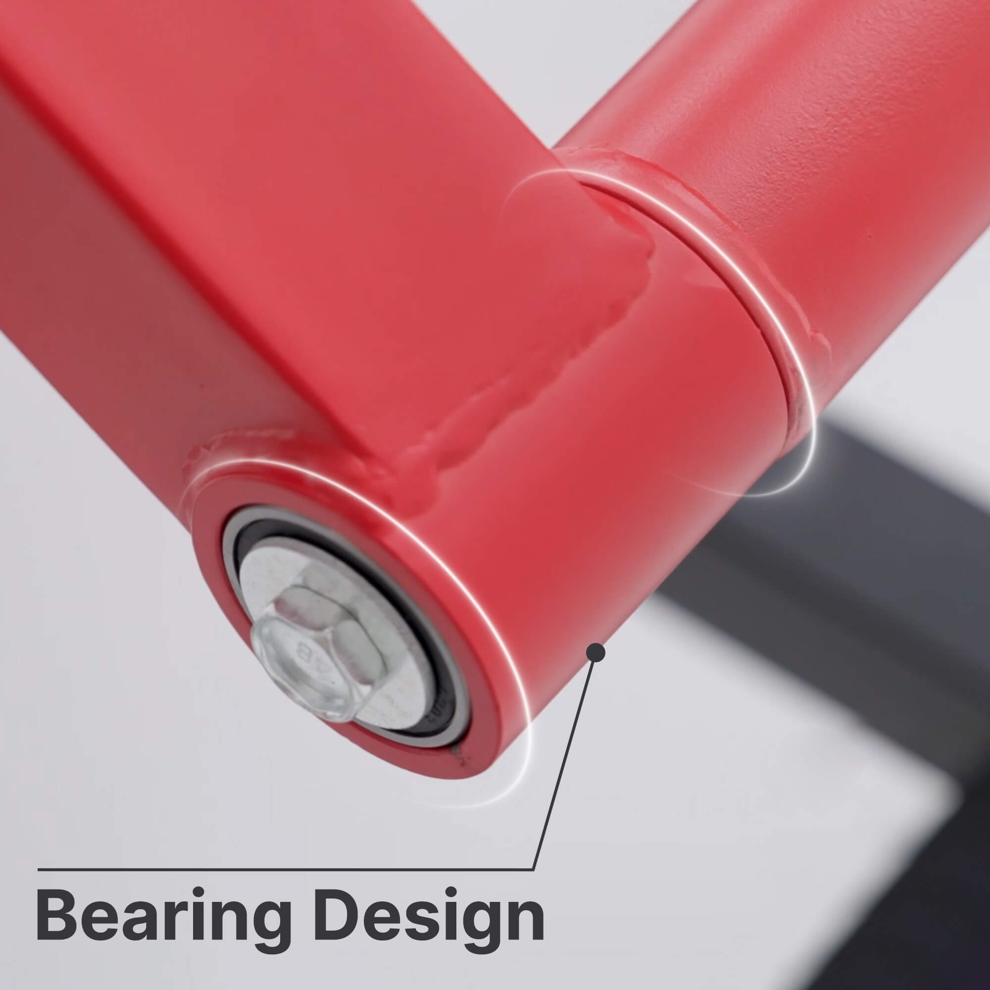 Close-up of a red roller with a bearing design labeled on a gray background.#color_red