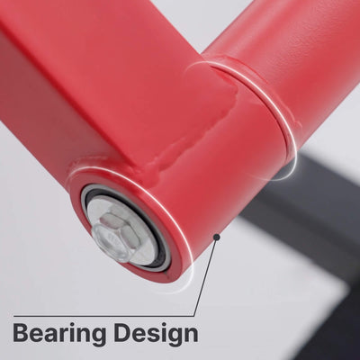 Close-up of a red roller with a bearing design labeled on a gray background.#color_red
