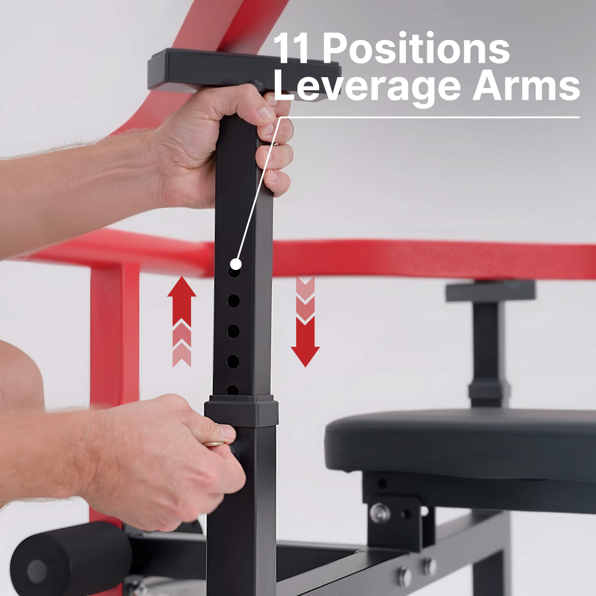 Person adjusting leverage arms on a gym machine with text '11 Positions Leverage Arms'.#color_red