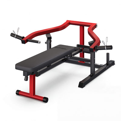 Red and black weight bench on a white background.#color_red