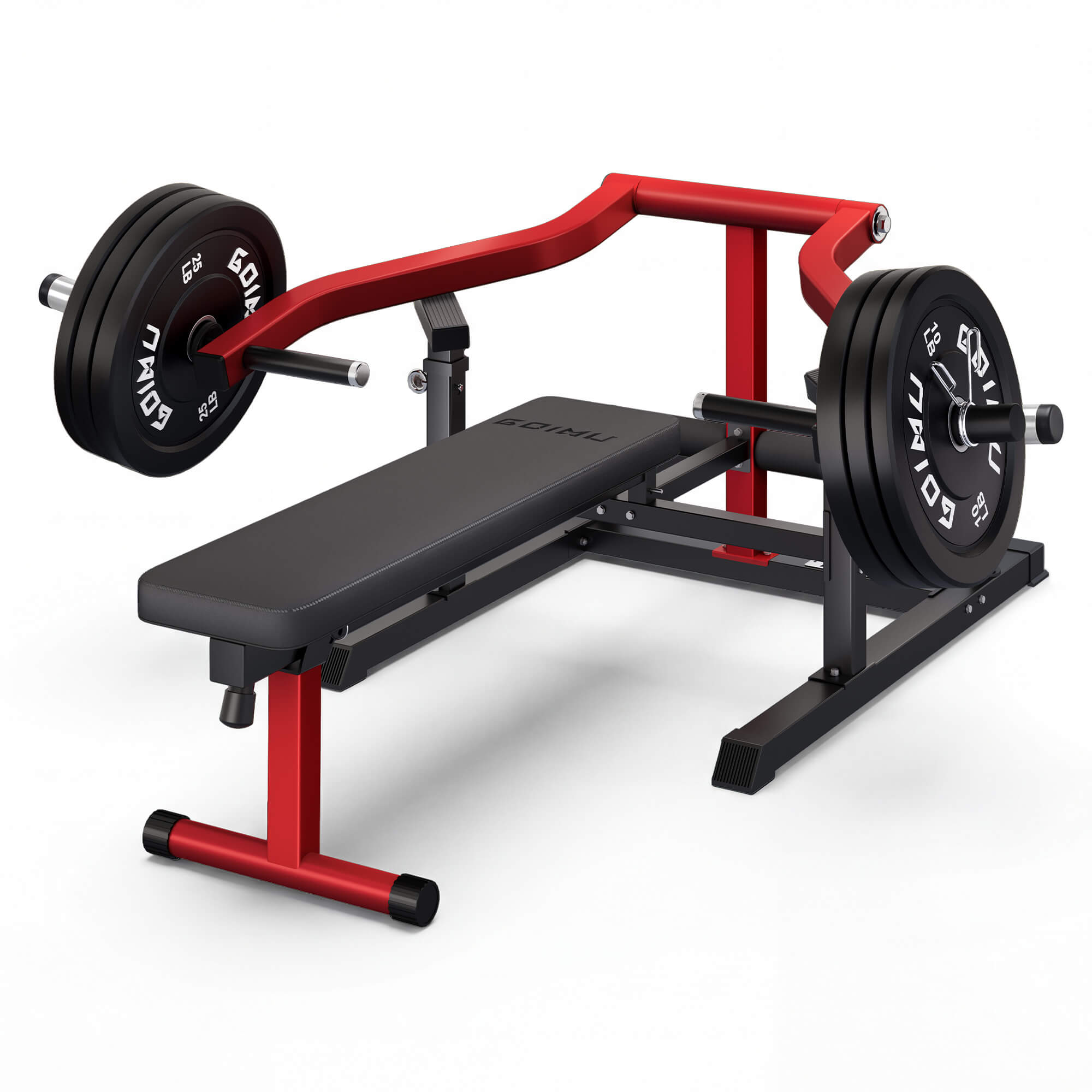 Weight bench with red frame and black weight plates on a white background.#color_red