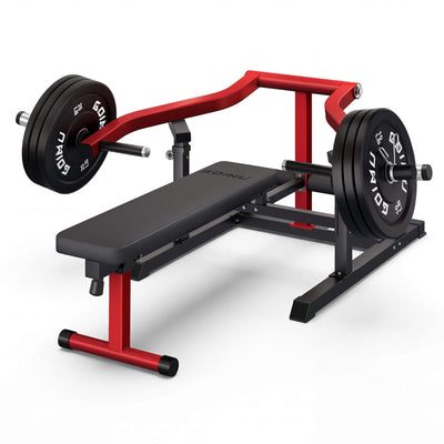 Weight bench with red frame and black weight plates on a white background.#color_red