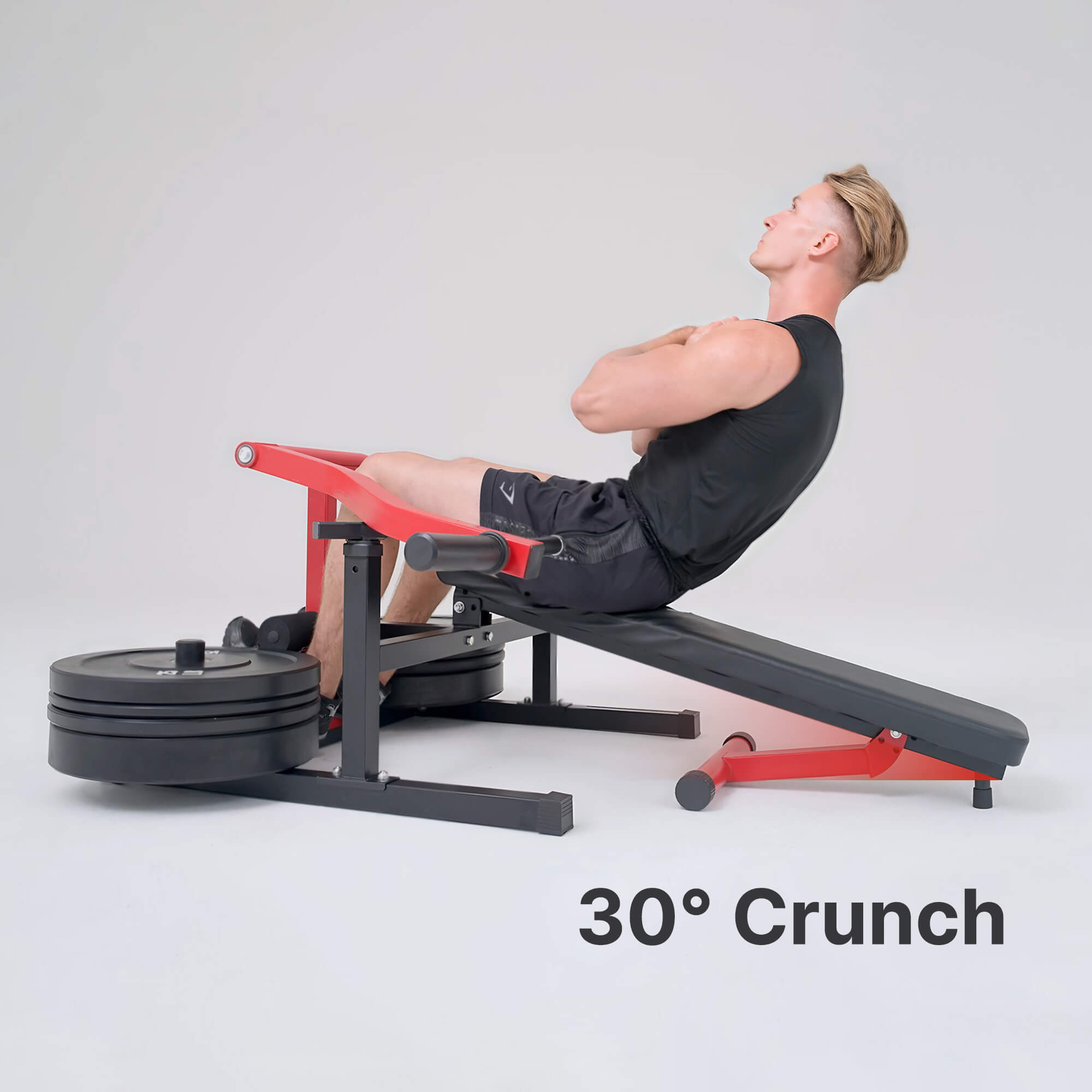 Person using a gym machine labeled '30° Crunch' on a gray background.#color_red