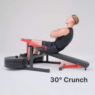 Person using a gym machine labeled '30° Crunch' on a gray background.#color_red