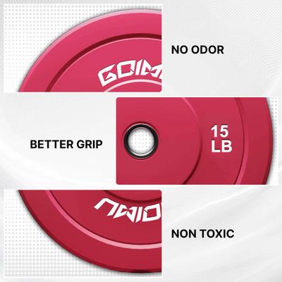 Red weight plate with 'Gym' branding and features listed on a white background