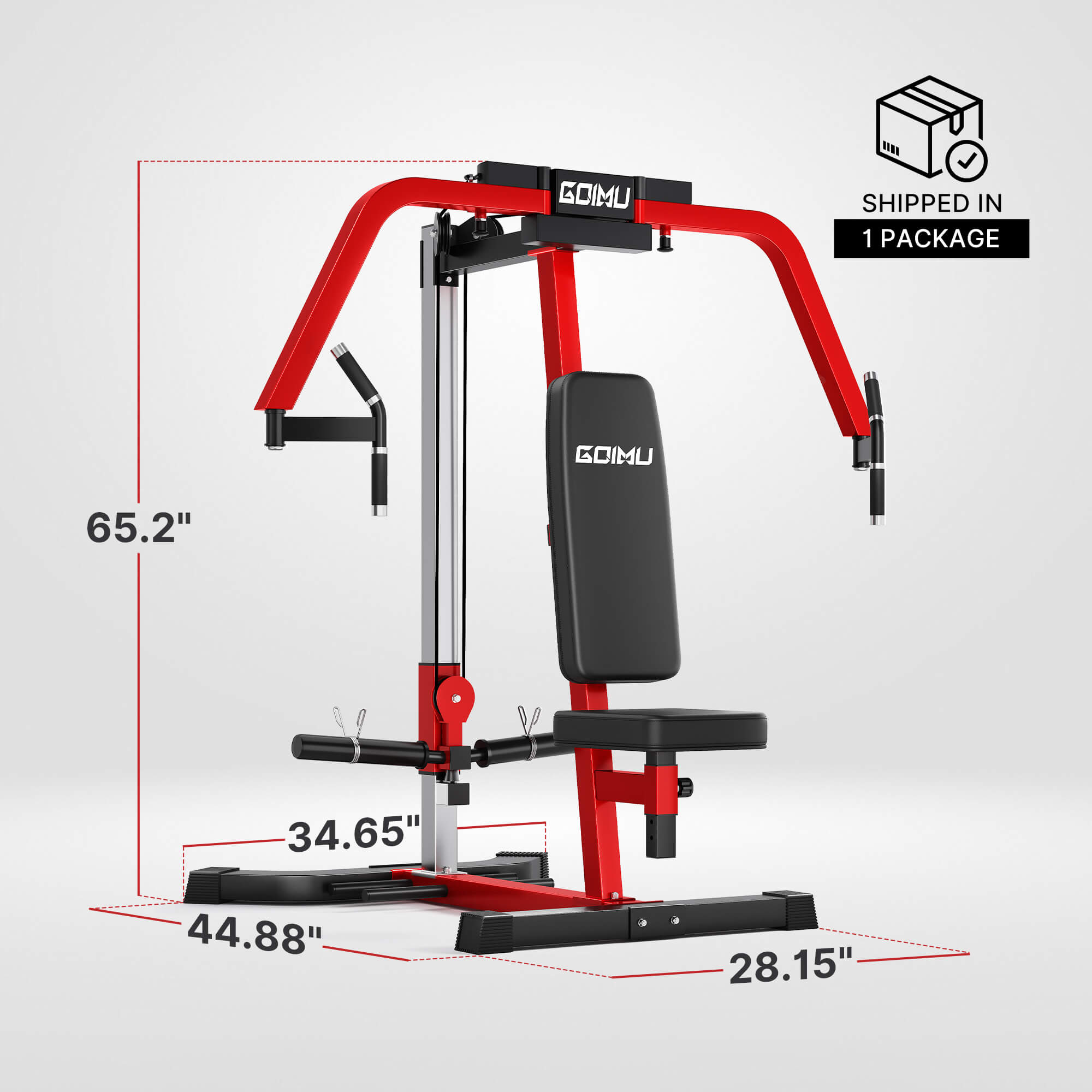 Red and black gym machine with dimensions labeled on a white background.