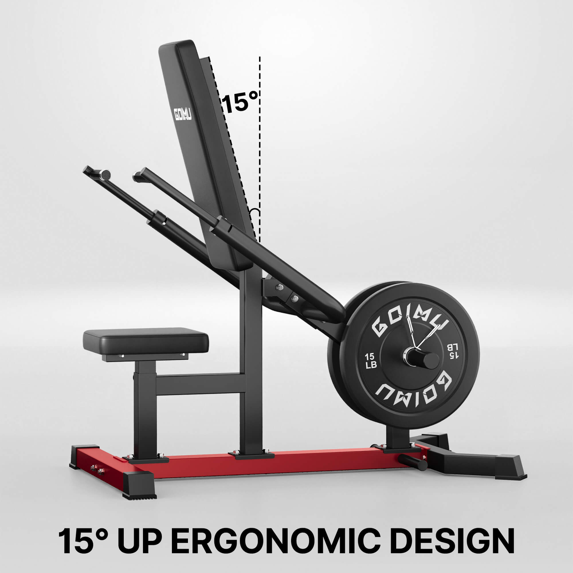Gym machine with a 15-degree ergonomic design on a gray background.