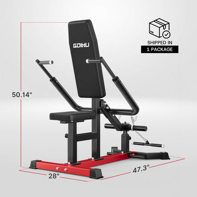 Gym bench with dimensions and packaging information on a light gray background.