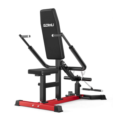 Gym bench with red base and black seat on a white background.