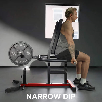 Man performing a narrow dip exercise with a weight bench in a gym setting.