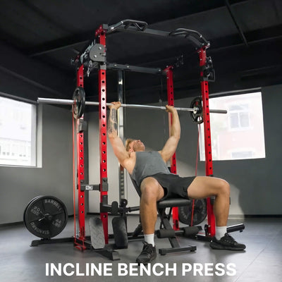 Man performing an incline bench press in a gym setting with 'INCLINE BENCH PRESS' text.