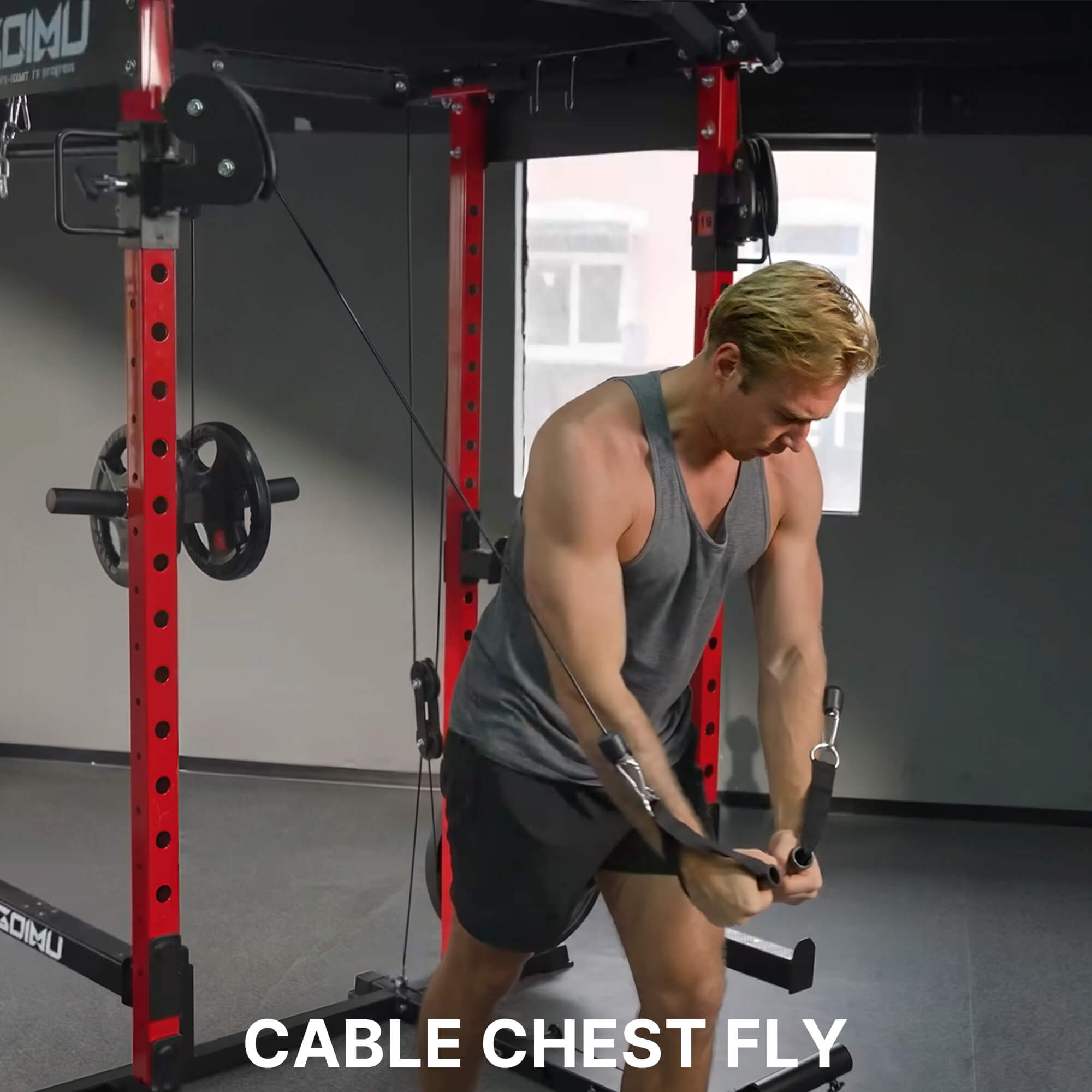 Man performing cable chest fly exercise in a gym setting.
