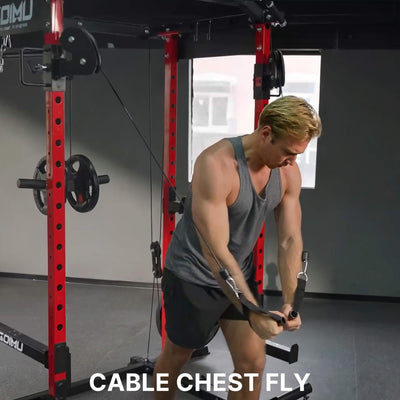 Man performing cable chest fly exercise in a gym setting.