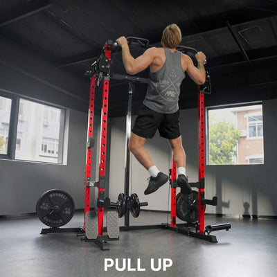 Person using a pull-up bar in a gym setting with 'PULL UP' text displayed.
