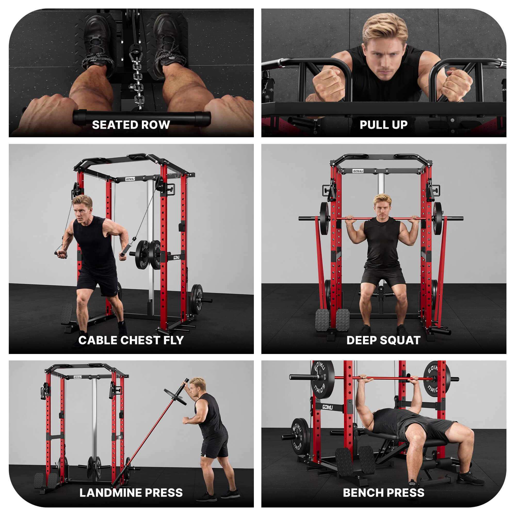 Man performing various exercises on a red and black power rack with labeled movements.