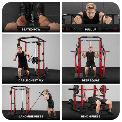 Man performing various exercises on a red and black power rack with labeled movements.