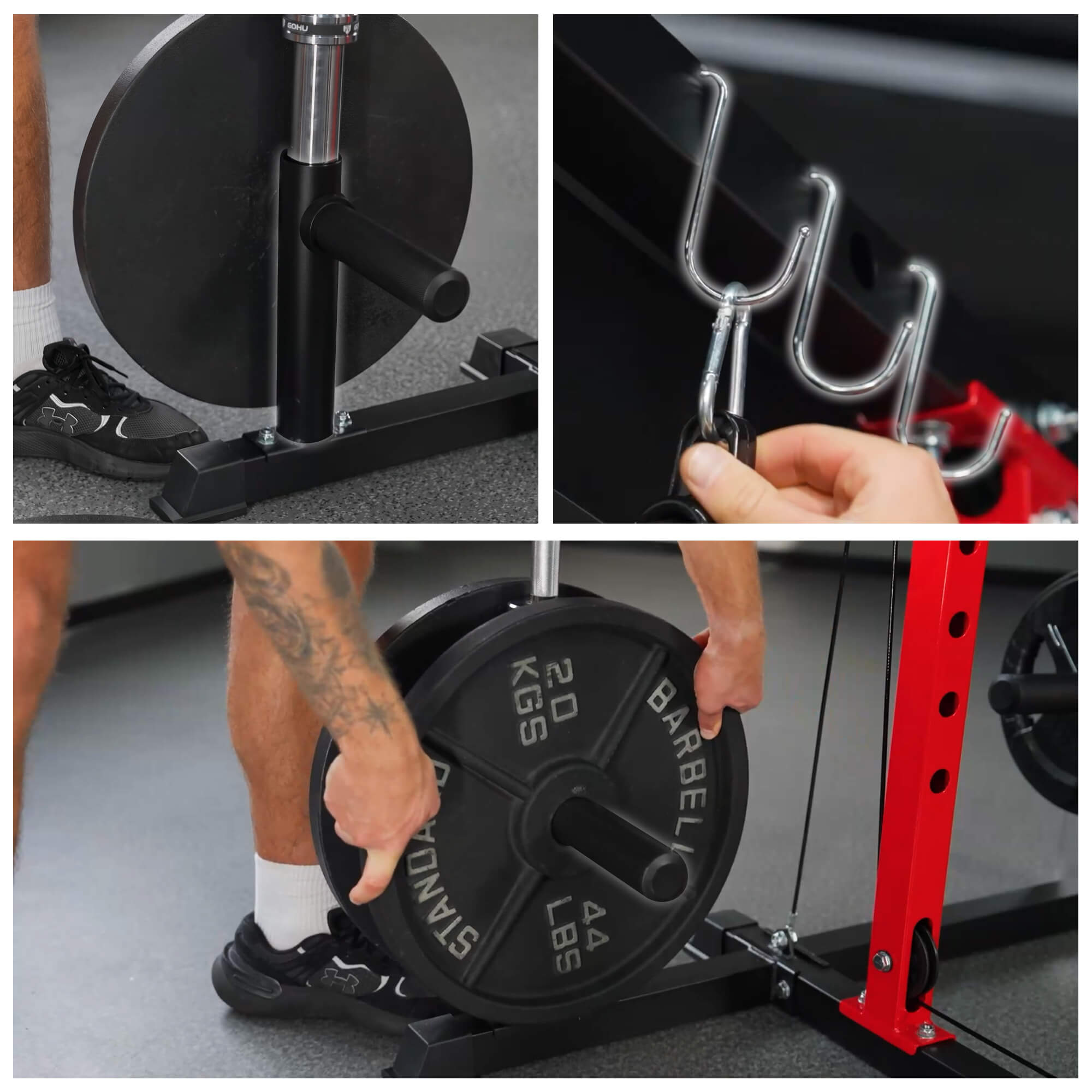 Collage of a barbell with weight plates, a person holding a weight plate, and a close-up of a hook on a rack.