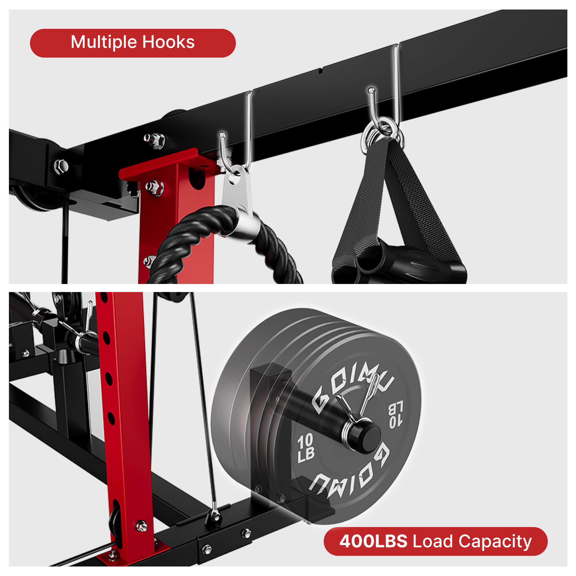 Fitness equipment with multiple hooks and a weight disc, featuring 'Gym' branding.