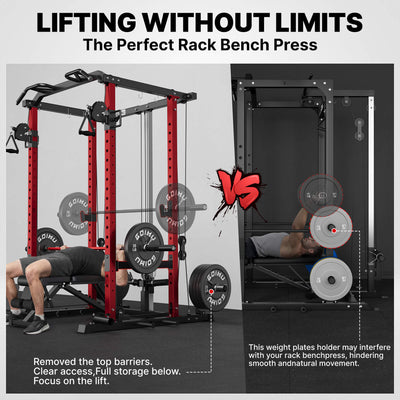Gym equipment with weight plates and a person using a rack bench press, emphasizing 'Lifting Without Limits'.