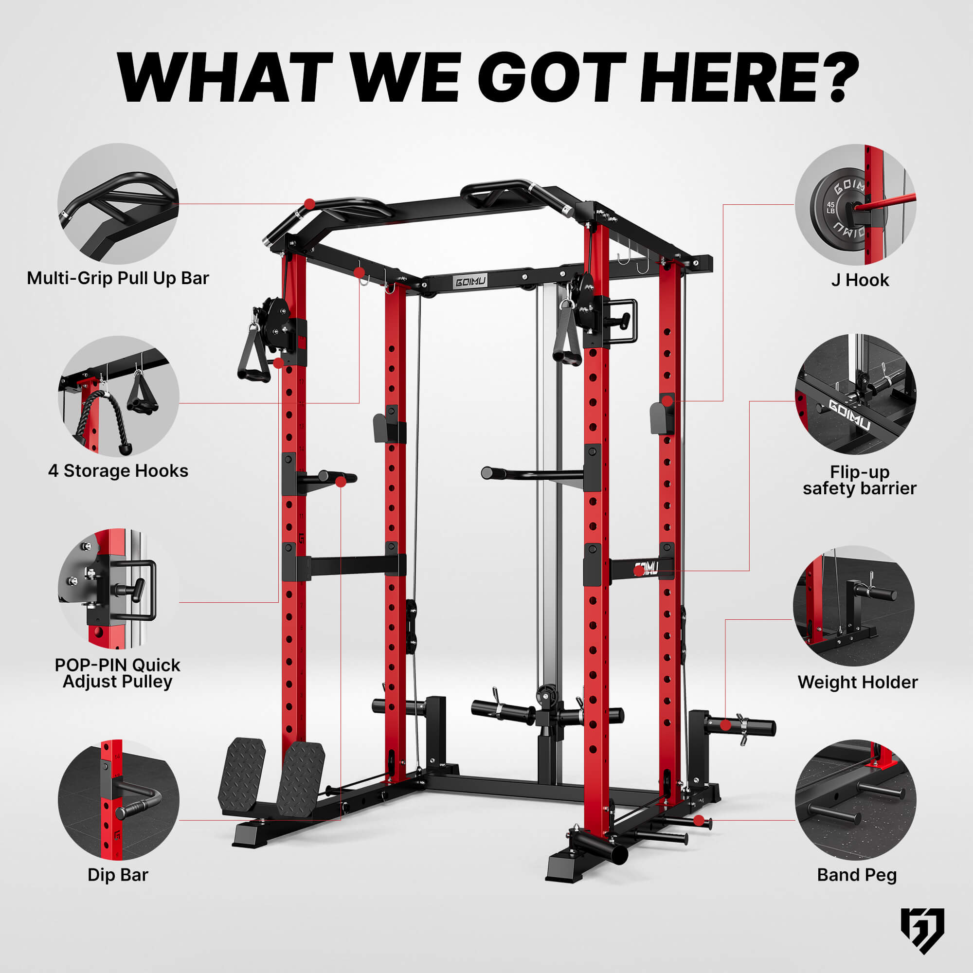 Red and black power rack with feature icons and text on a white background.