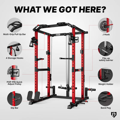 Red and black power rack with feature icons and text on a white background.