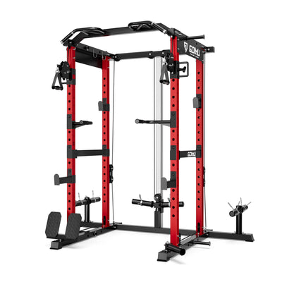 Red and black power rack gym equipment on a white background.