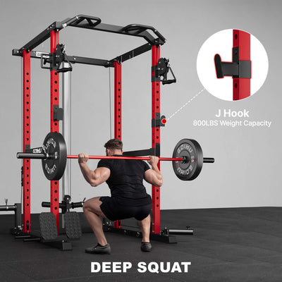 Person performing a deep squat with a weight rack and barbell, highlighting the J hook's weight capacity.