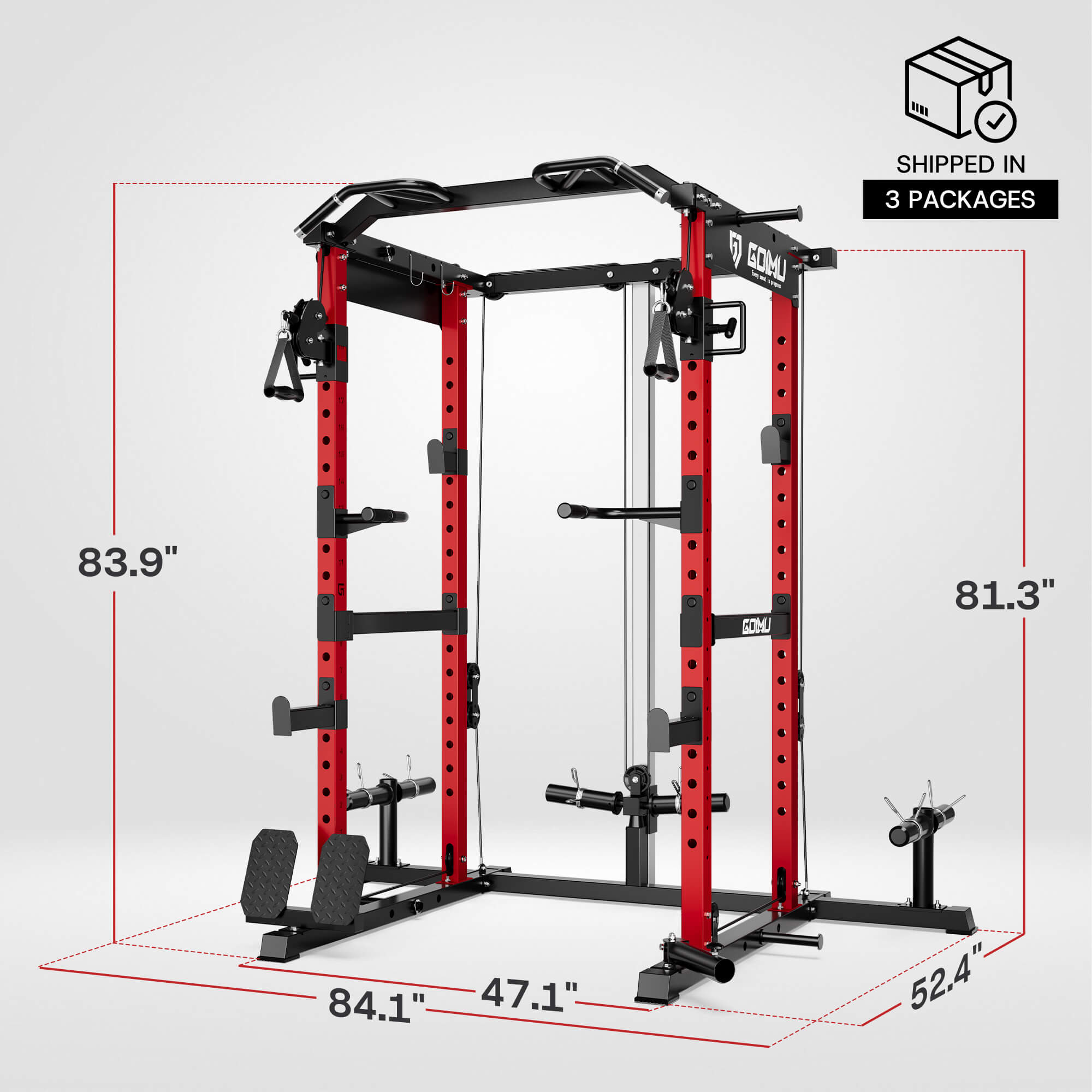 Red and black power rack with dimensions and packaging information on a white background.
