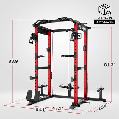 Red and black power rack with dimensions and packaging information on a white background.