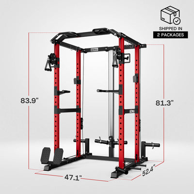 Red and black power rack with dimensions labeled on a white background.