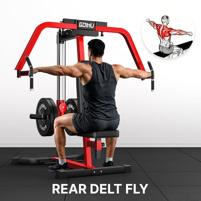 Person using a gym machine for rear delt fly exercise with 'GOIMU' branding.