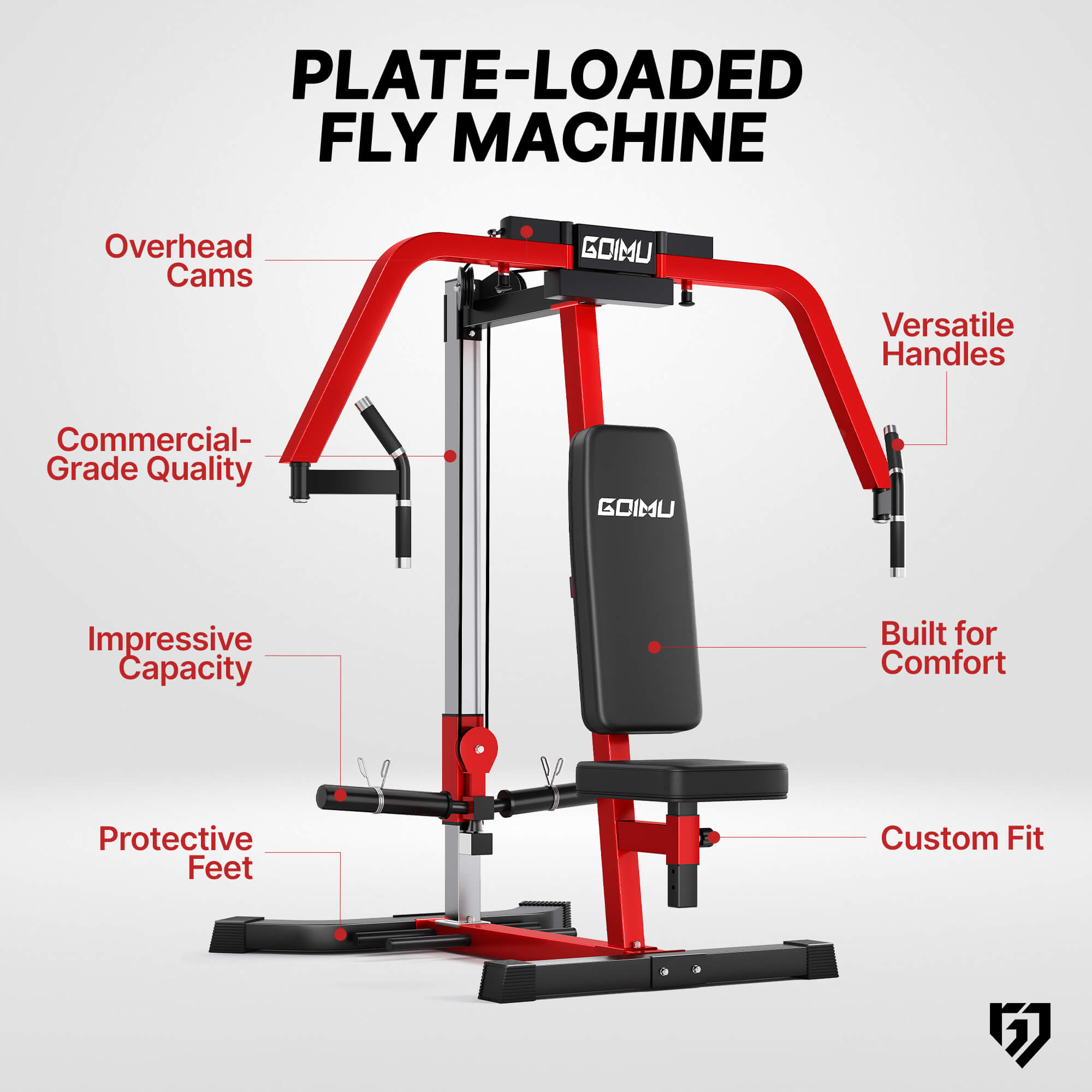 Gym machine with features highlighted on a white background.