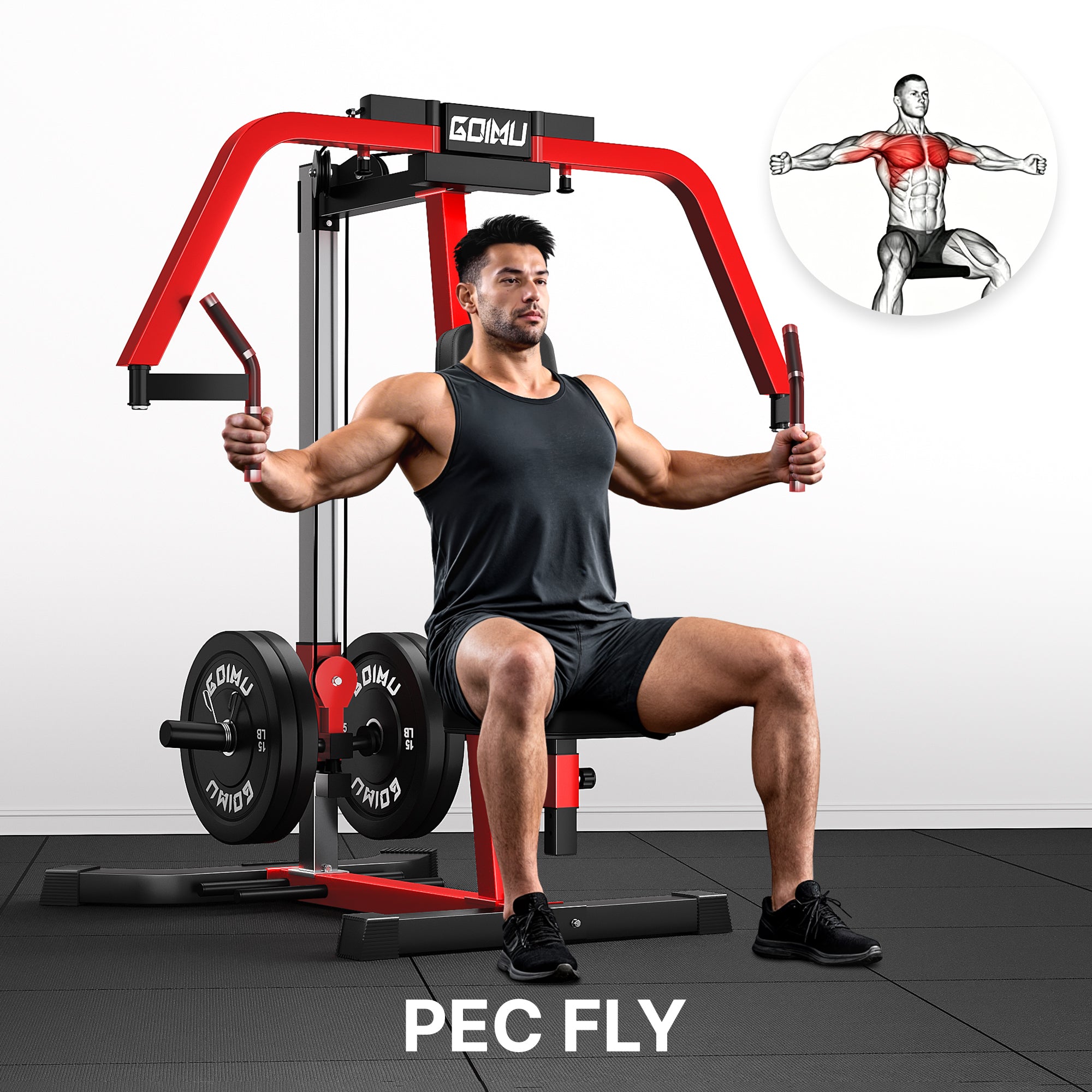 Man using a pec fly machine in a gym setting with an inset diagram of muscle activation.