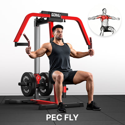 Man using a pec fly machine in a gym setting with an inset diagram of muscle activation.