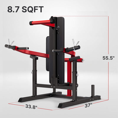 Red and black gym machine with dimensions on a white background.#color_red