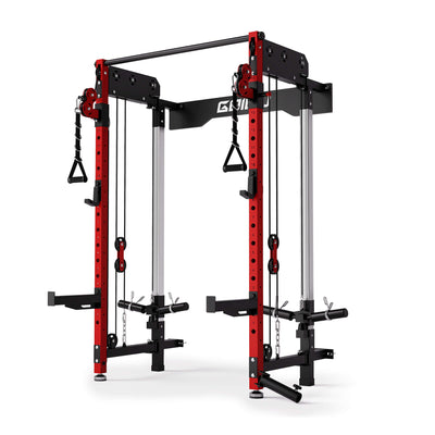 Red and black weightlifting cage on a white background.