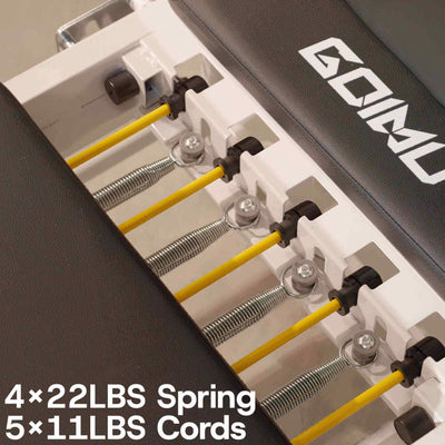 Close-up of a mechanical device with springs and cords, featuring a brand logo.