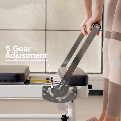 Person adjusting a piece of exercise equipment with '5 Gear Adjustment' text.