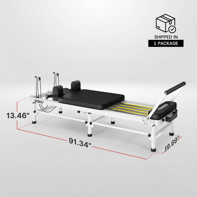 Pilates reformer machine with dimensions and packaging information on a light gray background
