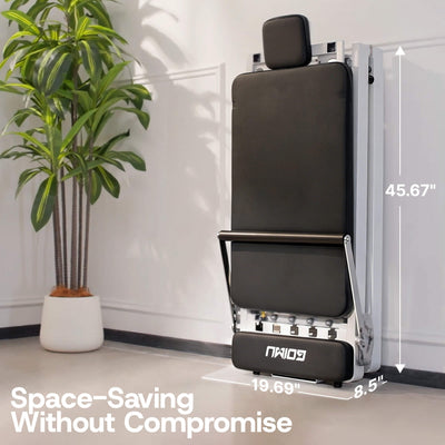 Space-saving chair with dimensions labeled next to a plant indoors