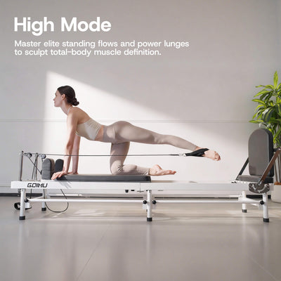 Woman exercising on a reformer machine with text about high mode and muscle definition.