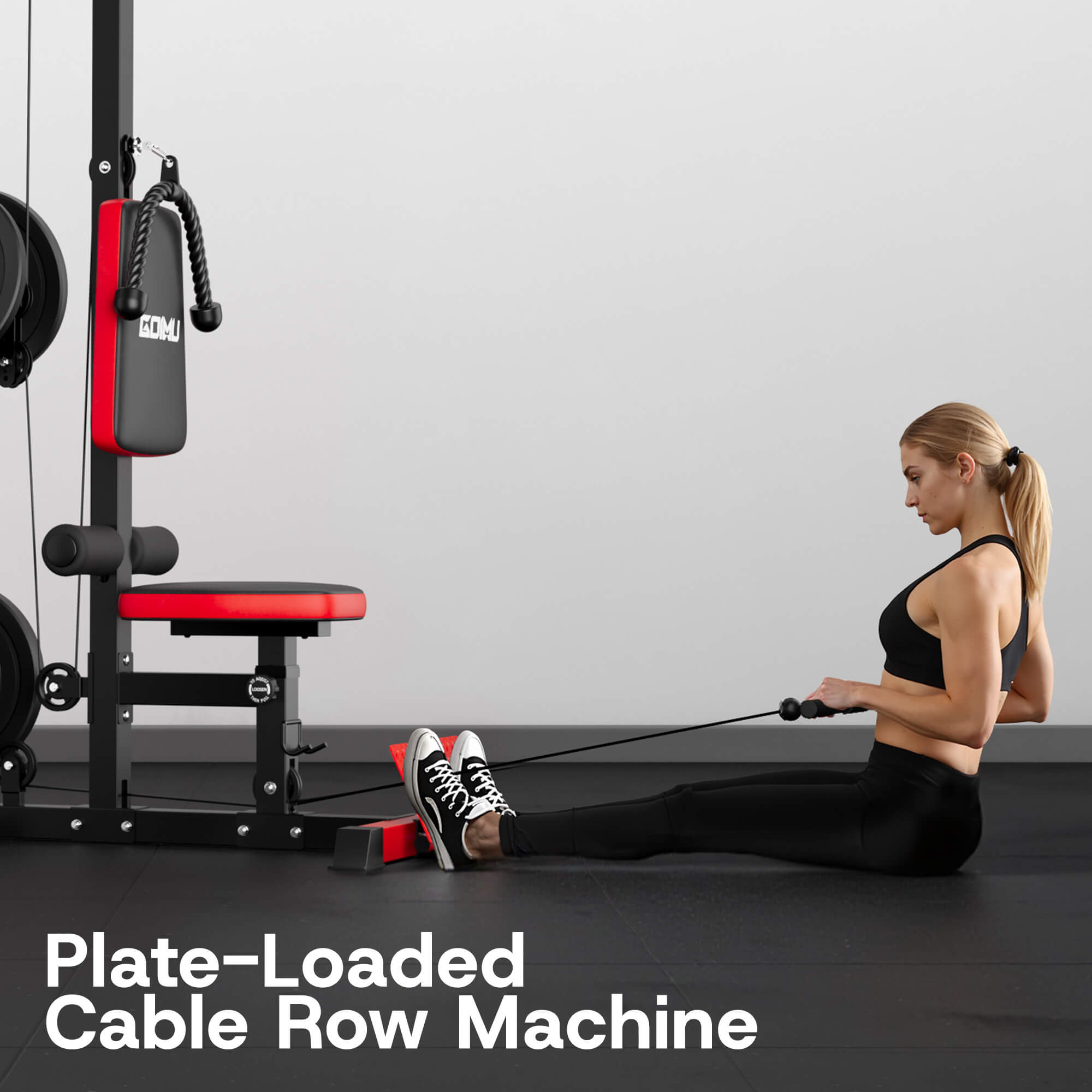 Woman using a plate-loaded cable row machine in a gym setting.